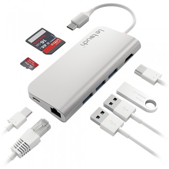 Cổng chuyển sạc và đọc thẻ nhớ Le Touch 8 in 1 USB 3.1 Type-C USB Hub with Power Delivery (Bạc)